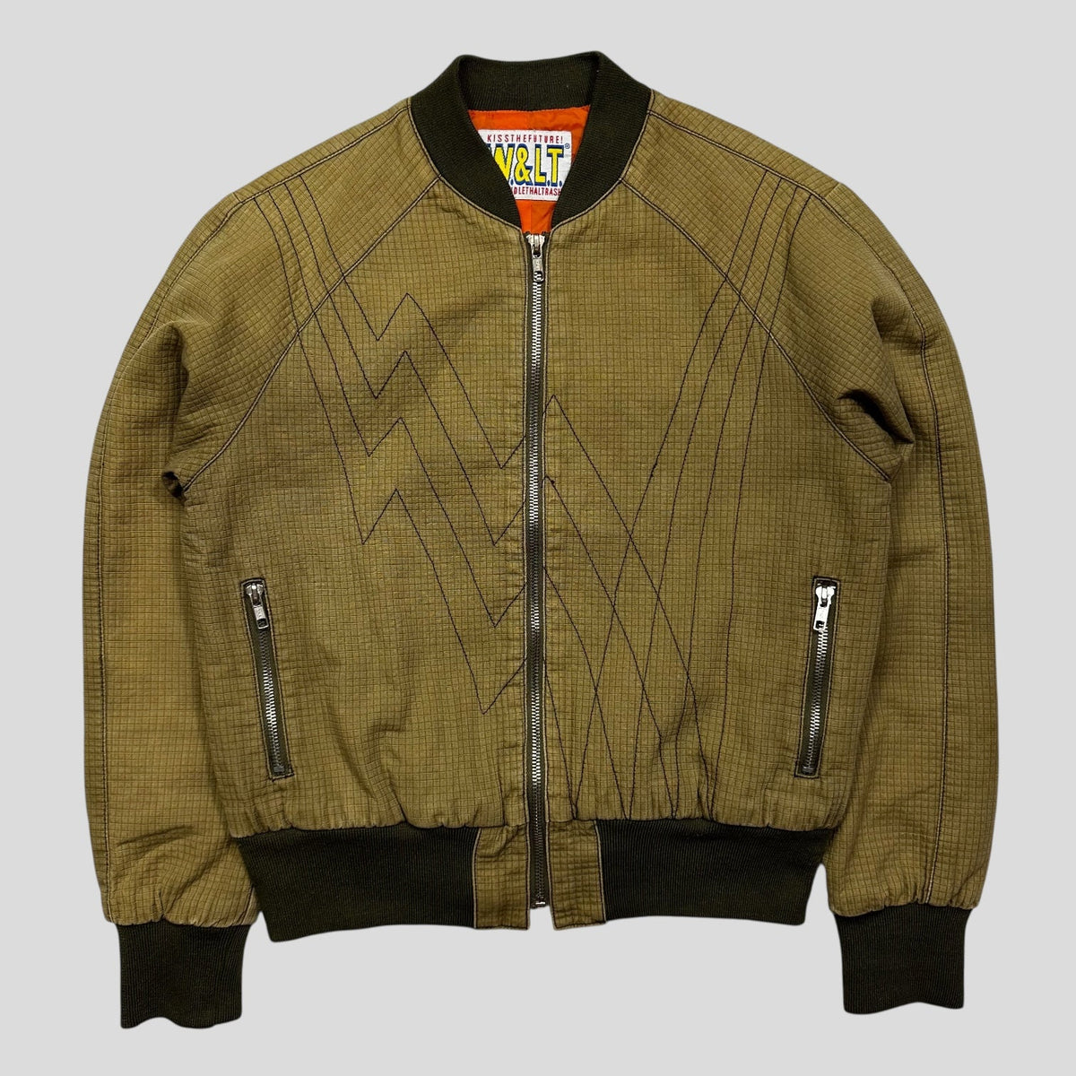 W+LT Walter 00’s 3D Textured Ripstop Embroidered Lightning Bomber Jacket - S | Khaki
