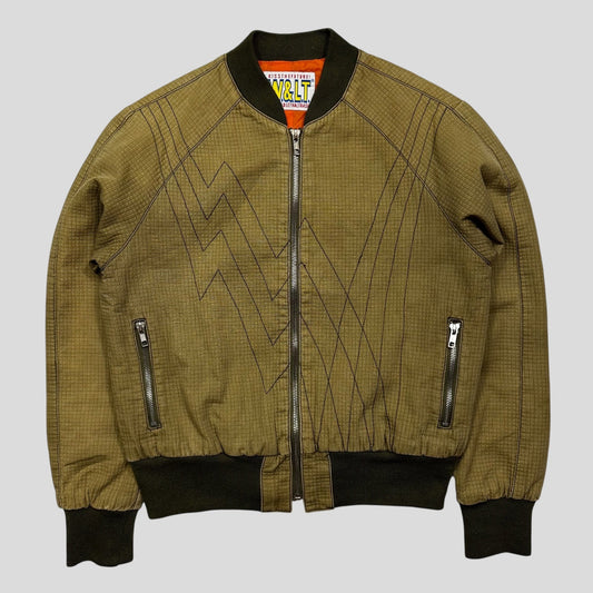 W+LT Walter 00’s 3D Textured Ripstop Embroidered Lightning Bomber Jacket - S | Khaki