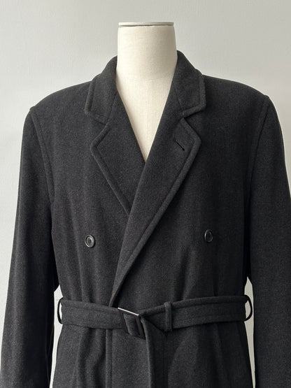 Vintage 1990s wool and cashmere high-neck belted coat, stylish and warm, shown in classic beige color.