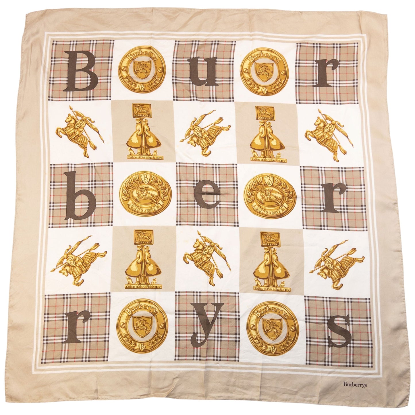 Vintage 90s Burberry Nova Check Gold Logo Print Silk Scarf | O/S, Beige