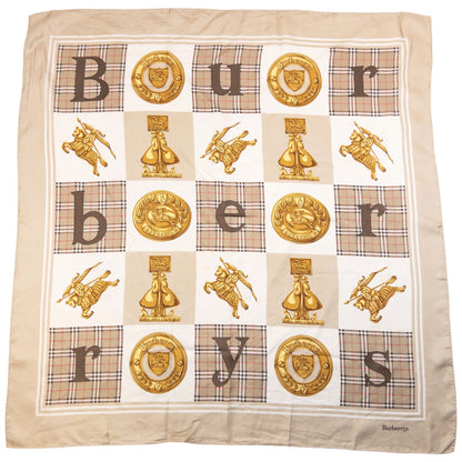 Vintage 90s Burberry Nova Check Gold Logo Print Silk Scarf | O/S, Beige