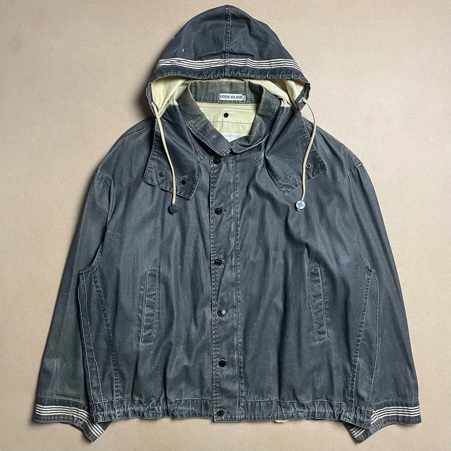 S/S 1986 Charcoal Grey Sail Cloth Marina Spell Out Hooded Coach Jacket