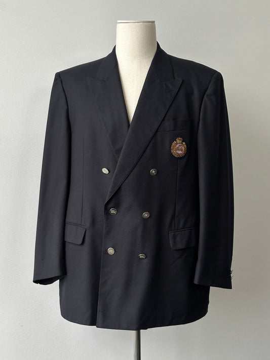 Burberry 1980s pure wool double-breasted blazer in size 46R, featuring classic tailored fit and signature check lining visible inside.