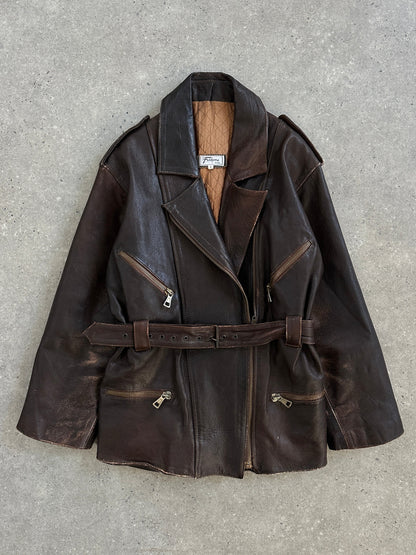 Italian Vintage 1990s Aged Belted Leather Jacket - M