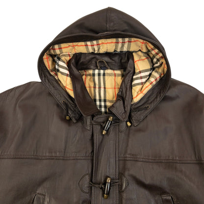 Vintage 90s Burberry Nova Check Lined Leather Duffle Jacket Size XL | O/S, Brown