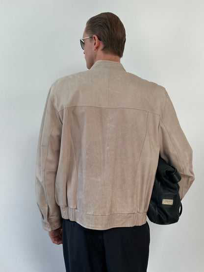 Vintage 1990s Leather Collarless Bomber Jacket - L/XL