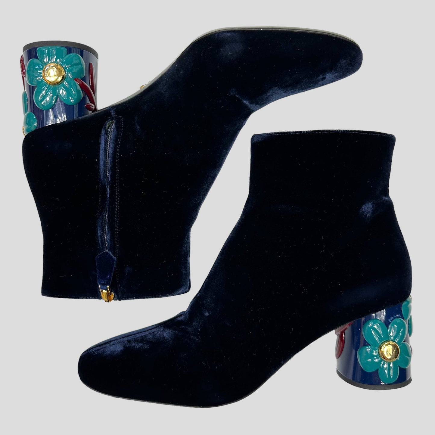 Prada Milano Floral Heel Blue Velvet Boots - UK7 | DEFAULT TITLE, Multicoloured