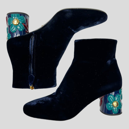 Prada Milano Floral Heel Blue Velvet Boots - UK7 | DEFAULT TITLE, Multicoloured