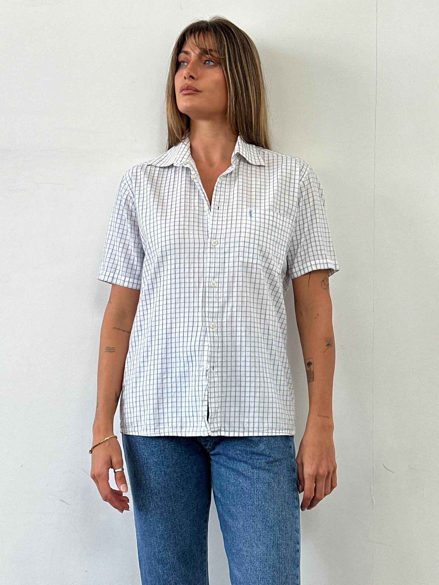 Yves Saint Laurent Check Pure Cotton Short Sleeve Logo Shirt - M - Known Source