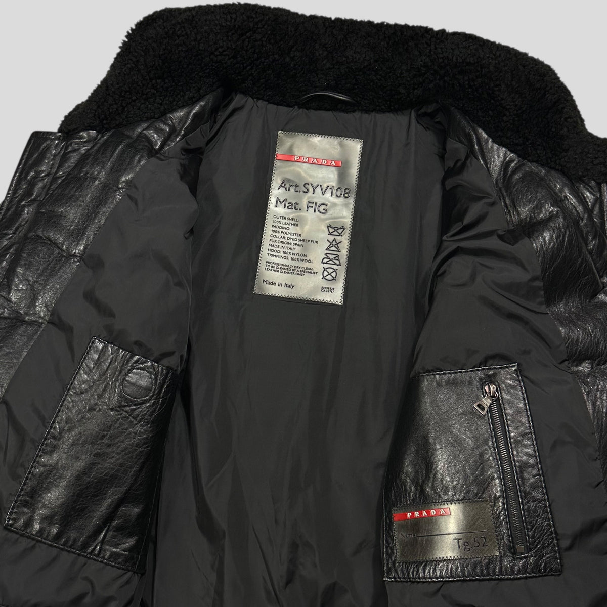 Prada Sport 00’s Leather Aviator Shearling Fur Collar Hooded Puffer - IT52 (L) | Large, Black