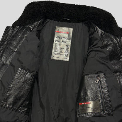 Prada Sport 00’s Leather Aviator Shearling Fur Collar Hooded Puffer - IT52 (L) | Large, Black