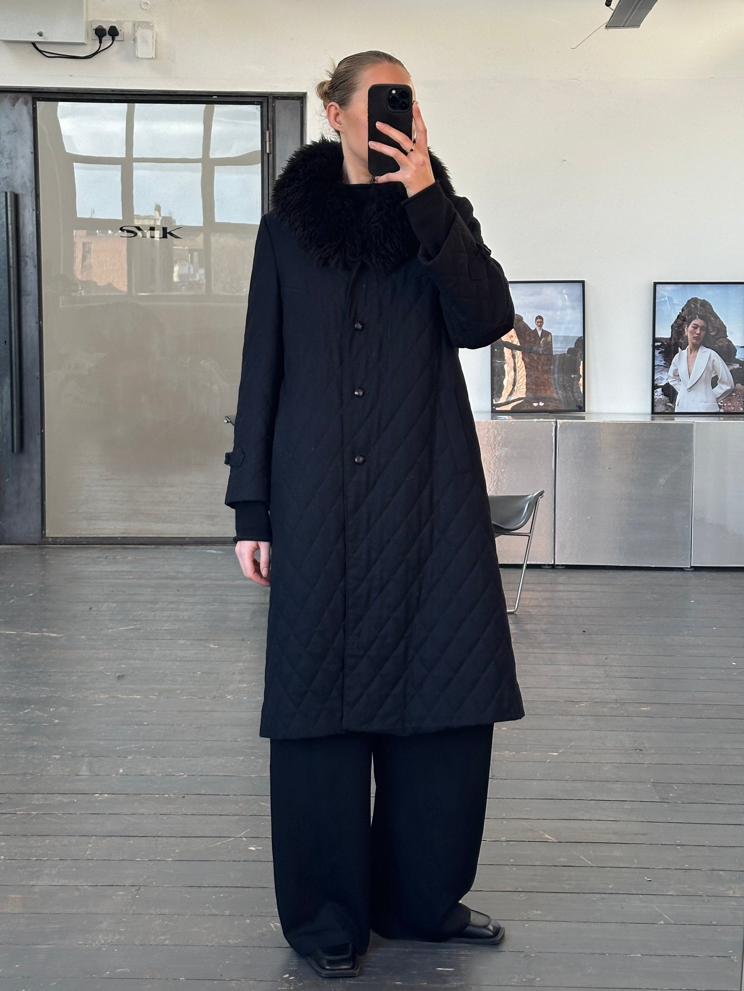 Vintage 1990s Wool Quilted Fur Collar Coat - M