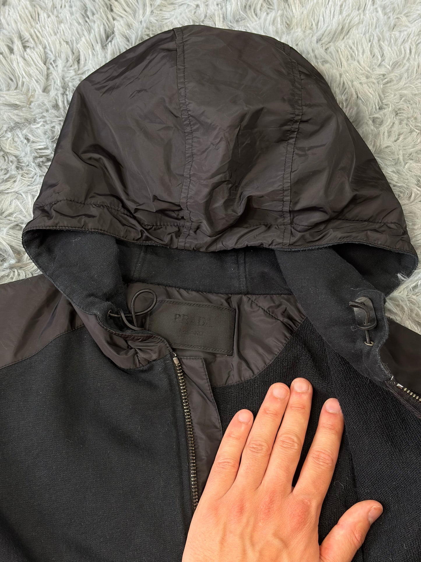 Prada 2022 Triangle Graphic Logo Nylon Panelled Hoodie Jacket - M | O/S, Black