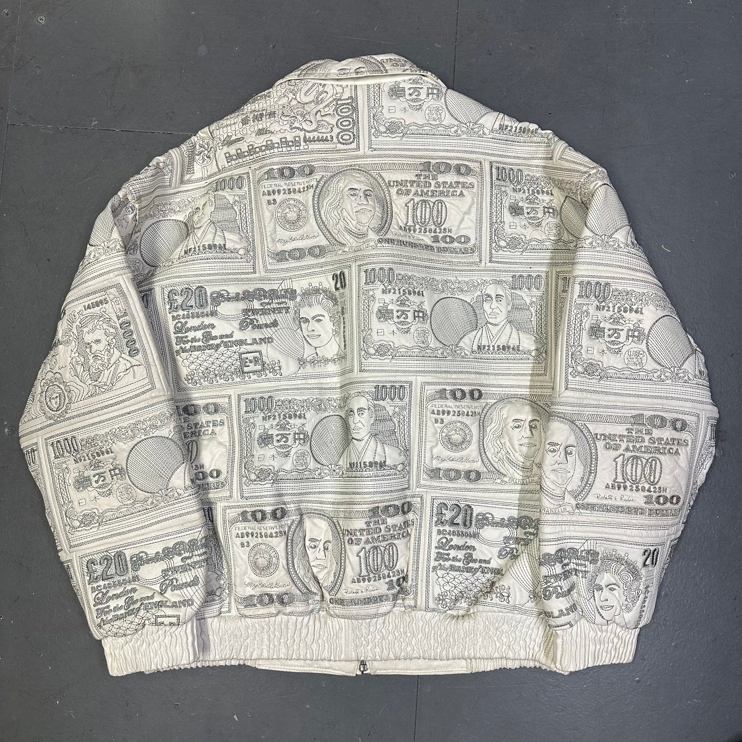 ARCHIVE Ziptex New York World Currency Leather Jacket In White ( XL )