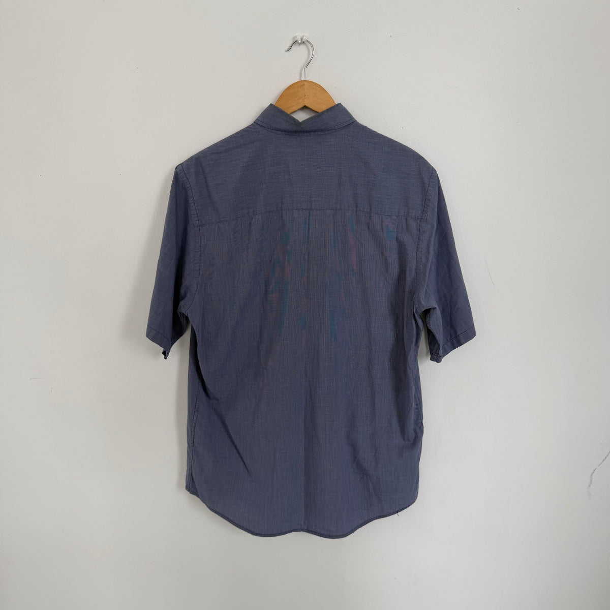1990s armani jeans short sleeve button up shirt | O/S, Blue