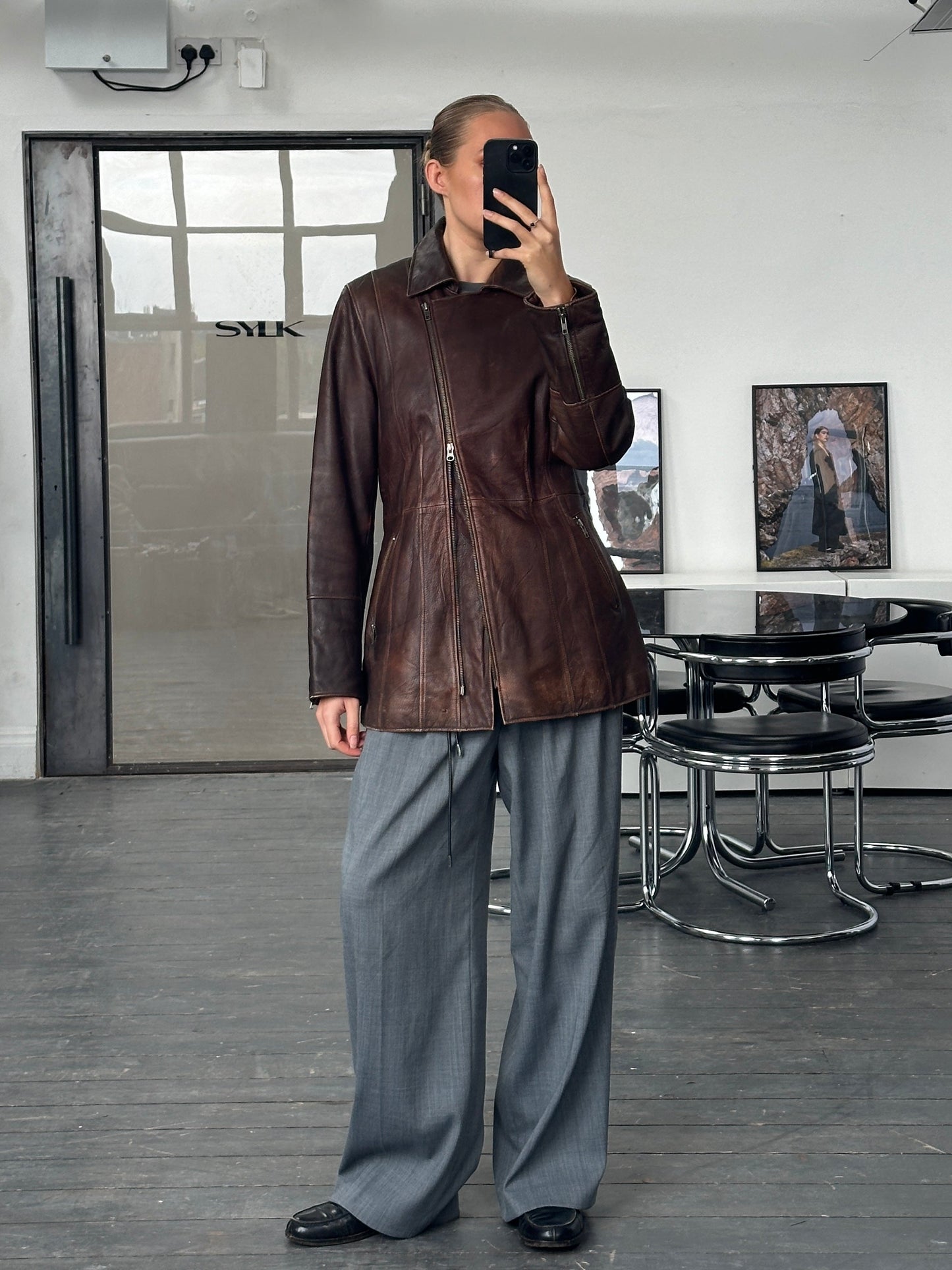 Vintage 1990s Aged Double Zip Belted Leather Jacket - L