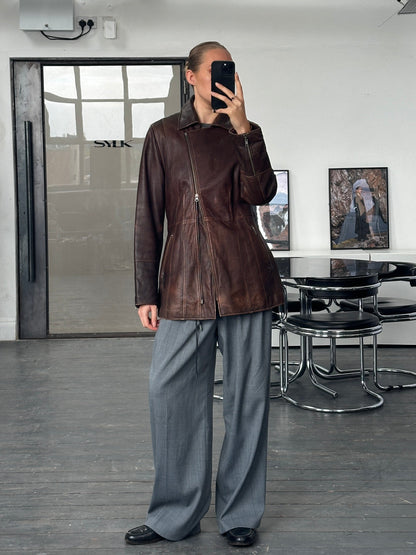 Vintage 1990s Aged Double Zip Belted Leather Jacket - L
