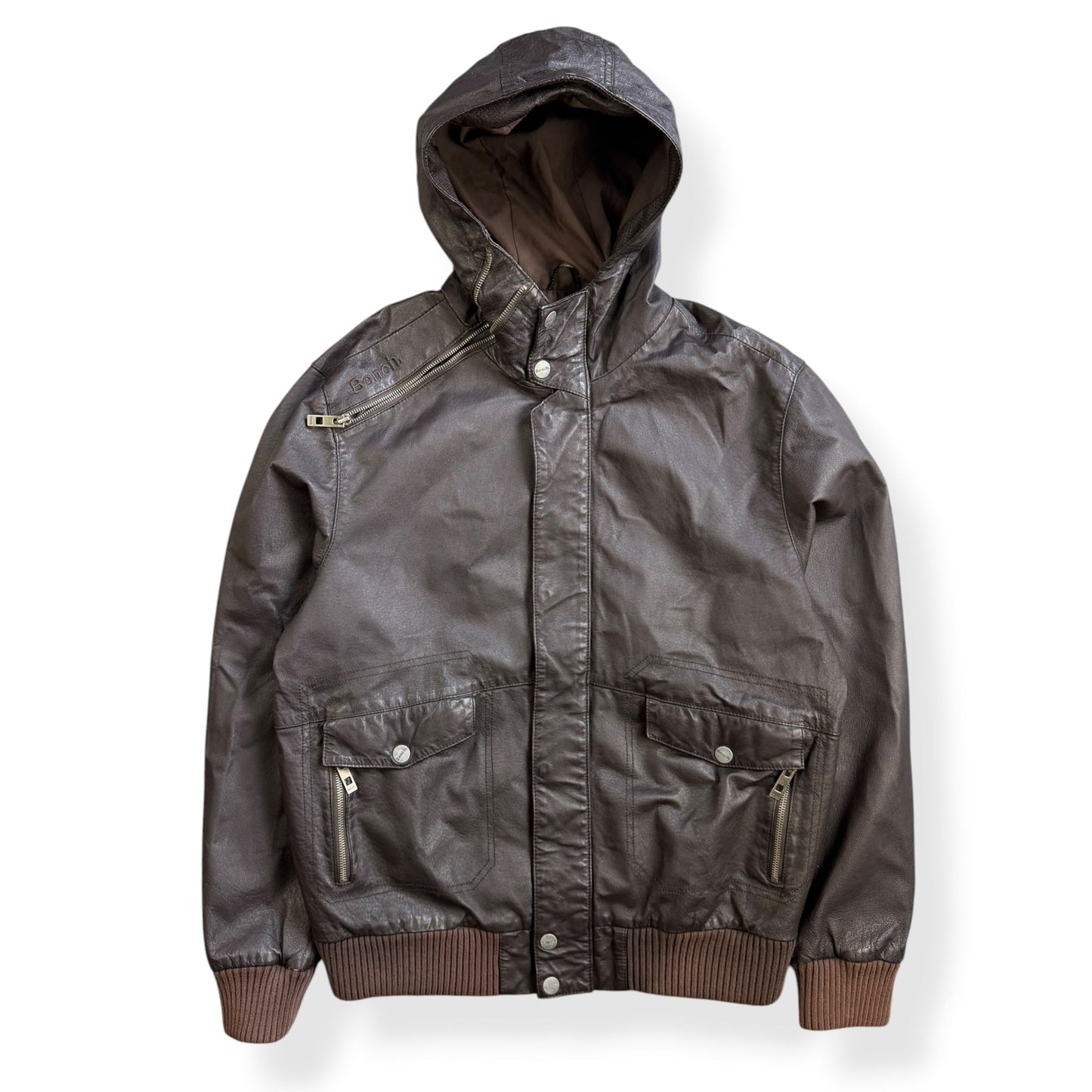 2000's Bench Asymmetric Zip Leather Jacket (L) | Large, Brown