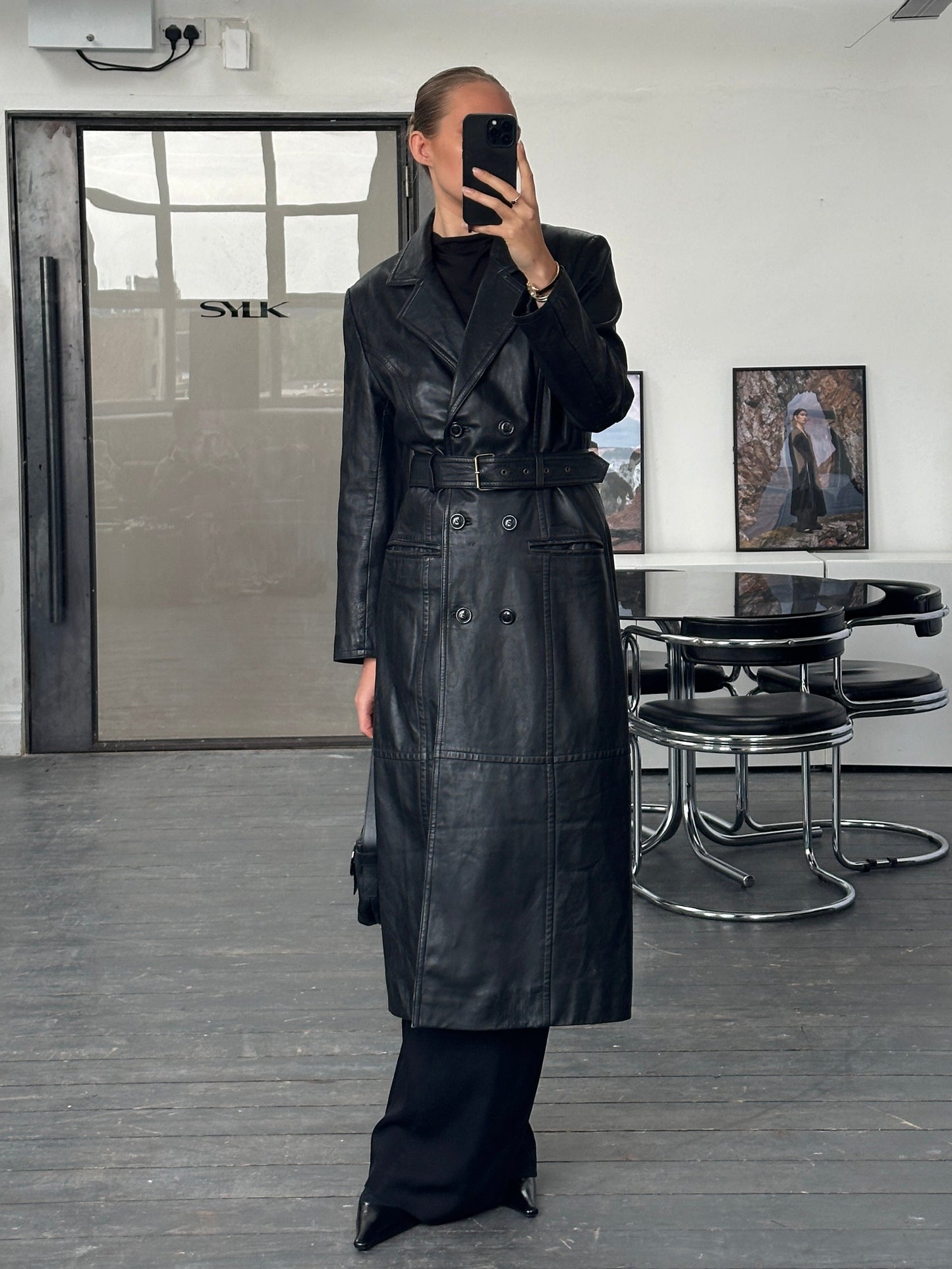 Vintage 1990s Floor Length Belted Leather Trench Coat - M