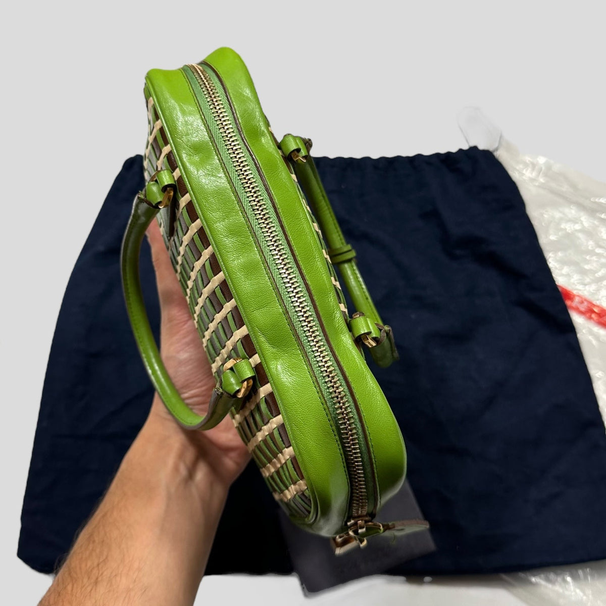 Prada 2001 Mini Top Handle Leather Woven Bag + Cards & Dustbag | O/S, Green