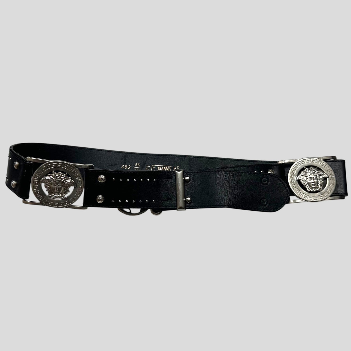 Gianni Versace 90’s Studded Metal Medusa Leather Belt | O/S, Black