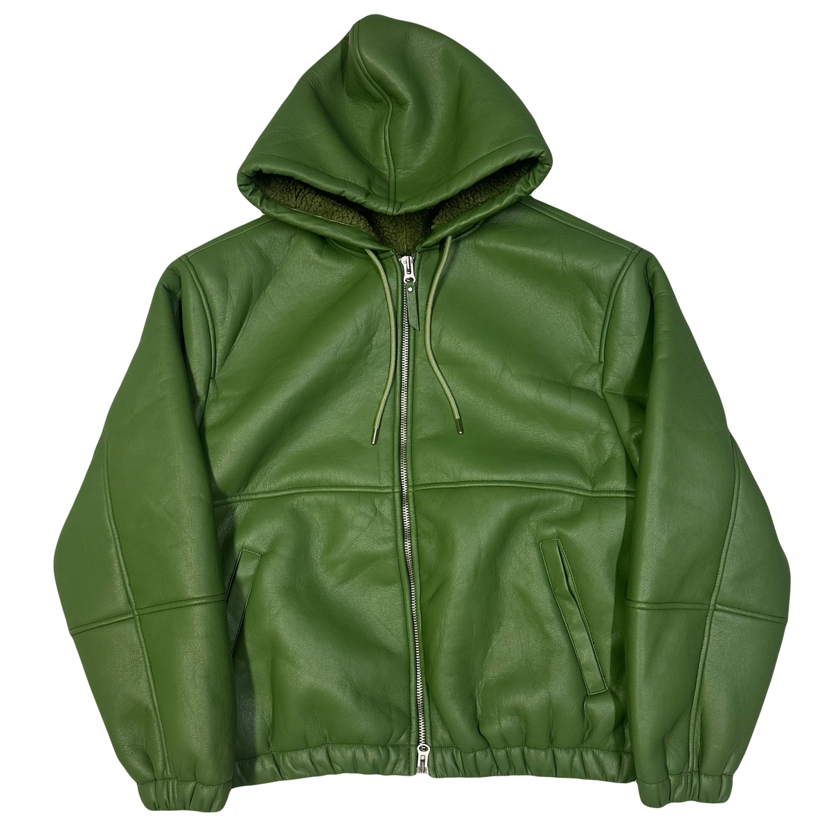 Stüssy Shearling Hooded Work Leather Jacket In Green (XL) | XL, Green
