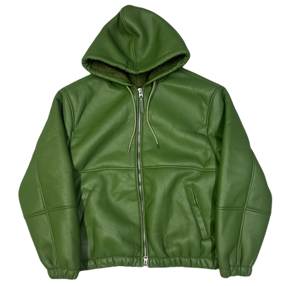 Stüssy Shearling Hooded Work Leather Jacket In Green (XL) | XL, Green