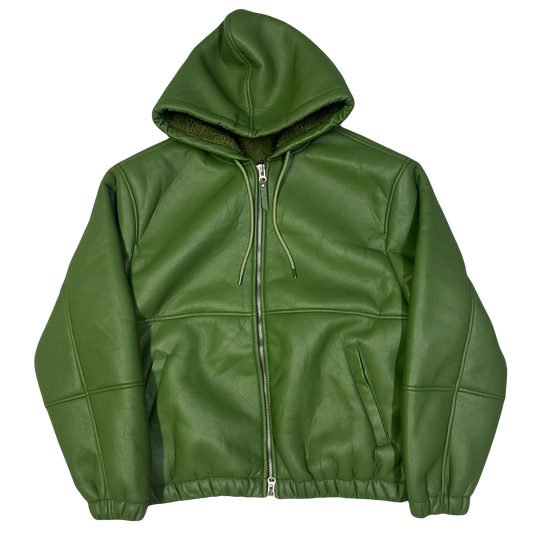 Stüssy Shearling Hooded Work Leather Jacket In Green (XL) | XL, Green