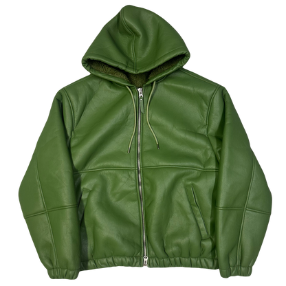 Stüssy Shearling Hooded Work Leather Jacket In Green ( XL )