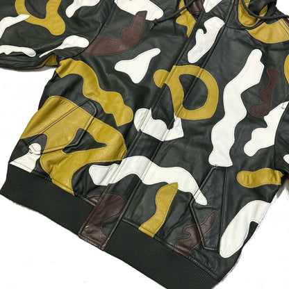 Supreme FW19 camouflage hooded leather jacket in olive, tan, and white.