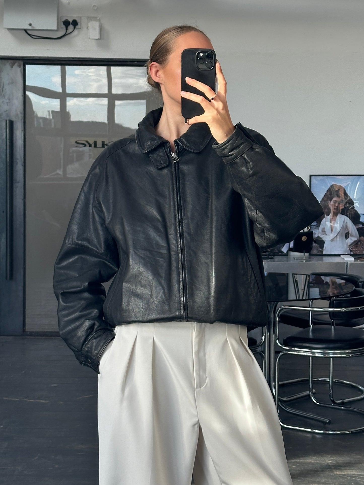 Vintage 1980s High Neck Leather Bomber Jacket - L