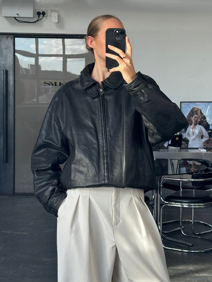 Vintage 1980s High Neck Leather Bomber Jacket - L