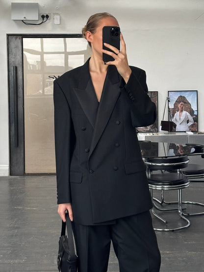 Vintage 1990s Tuxedo Wool Double Breasted Suit - 44R/W32-34