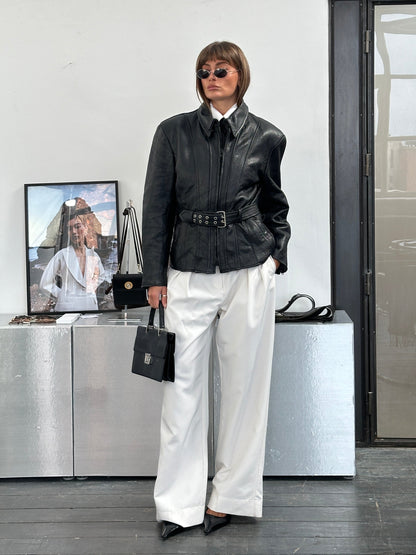 Vintage 1990s High Neck Belted Leather Jacket - M