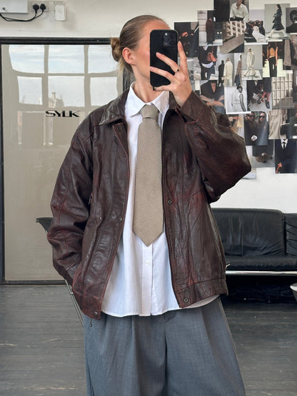 Vintage 1990s Funnel Neck Aged Leather Bomber Jacket - XL