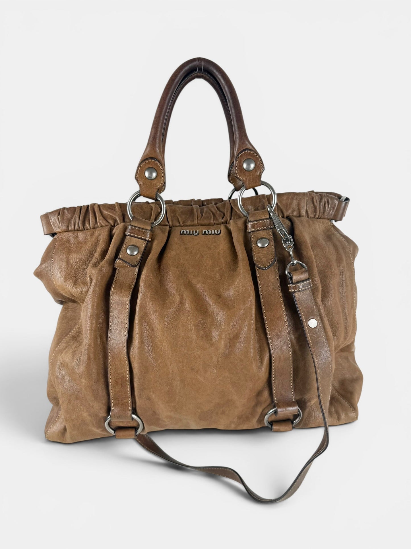 2010s Miu Miu Vitello Leather Large 2Way Brown Handbag | O/S, Brown