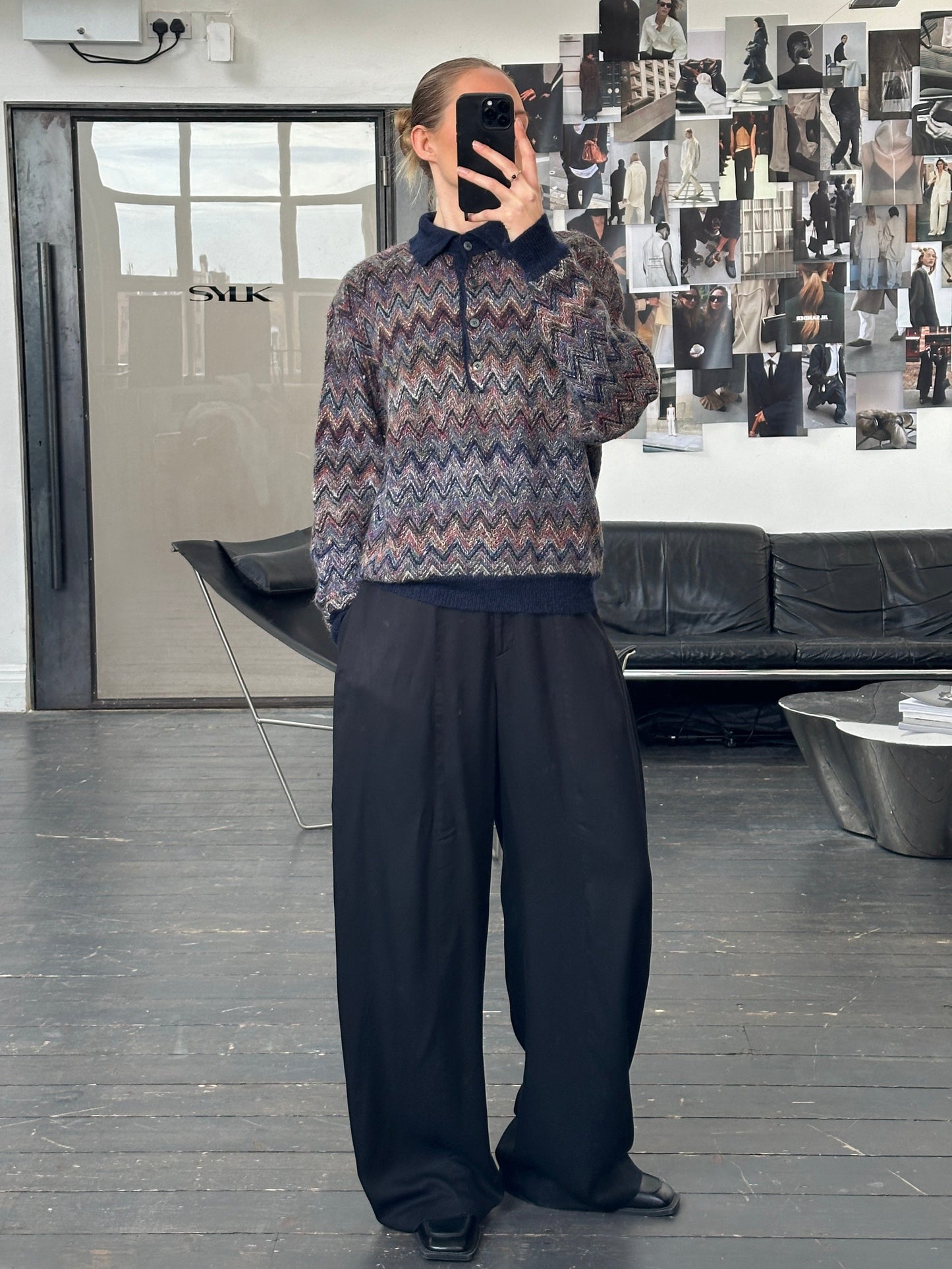 Italian Vintage 1990s Mohair Zig Zag Knitted Polo Jumper - L