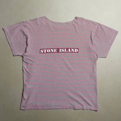 S/S 1987 Crimson Red Striped Box Logo / Mini Compass Breton T-shirt