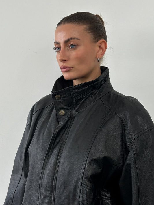 Vintage High Neck Leather Bomber Jacket - XL