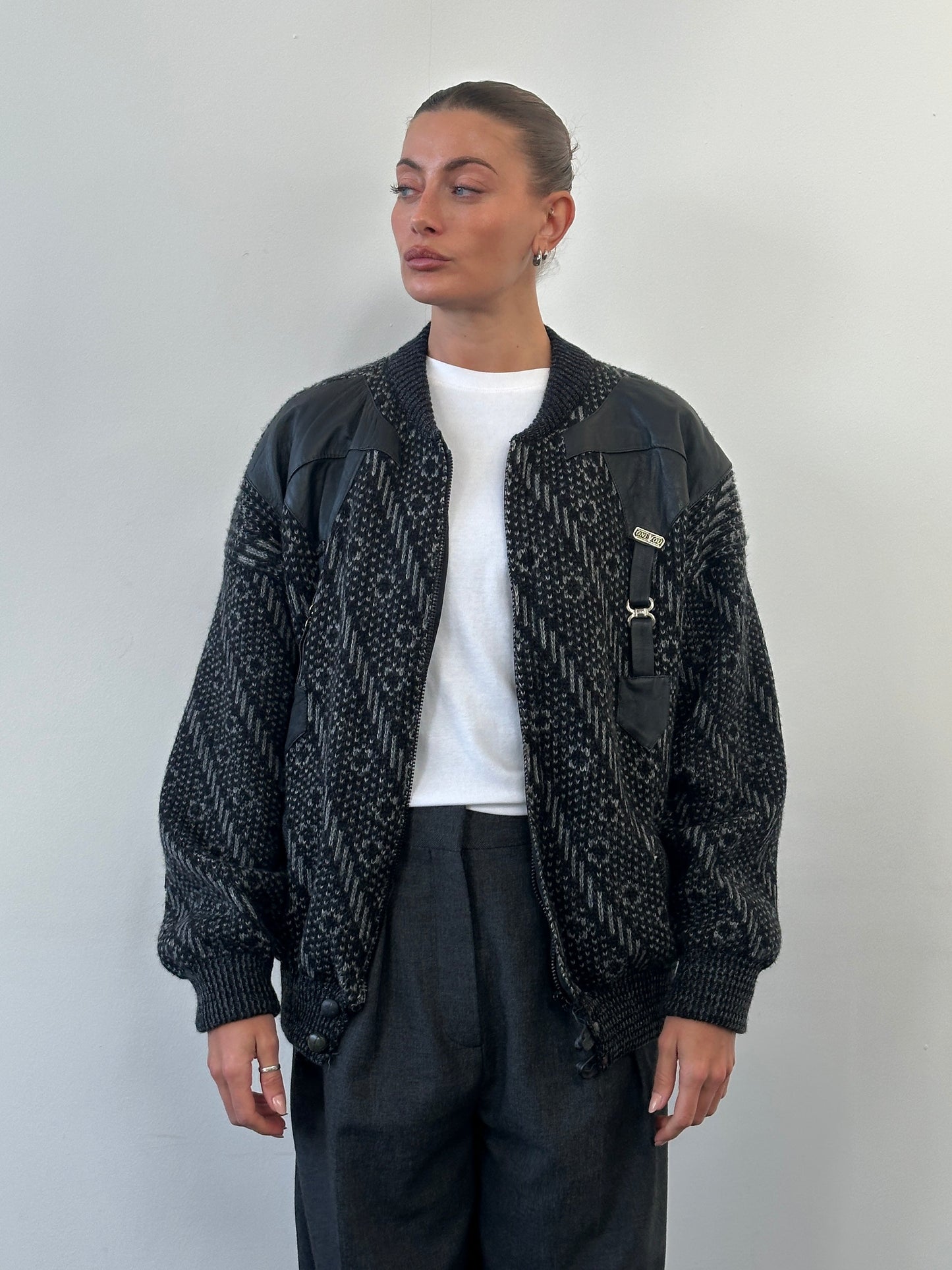 Vintage 1980s Wool Print Knit Bomber Jacket - XL