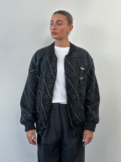 Vintage 1980s Wool Print Knit Bomber Jacket - XL