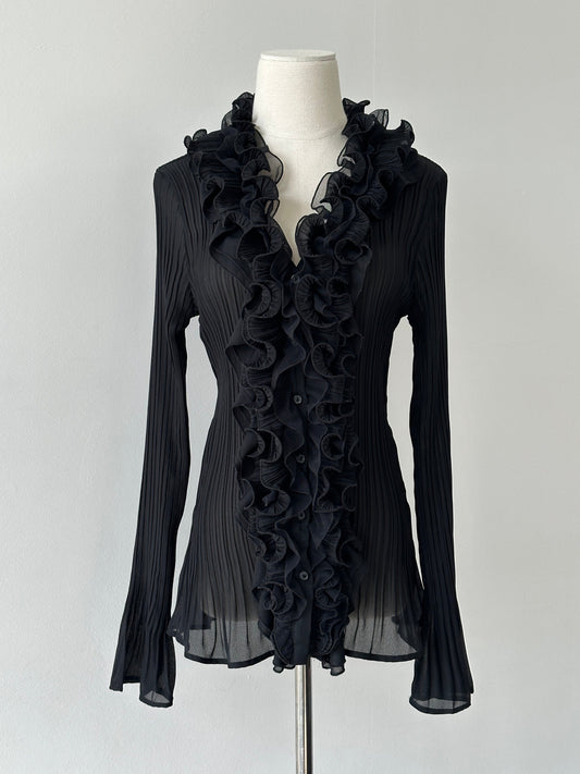 Vintage 1990s Pleated Sheer Ruffle Shirt - M