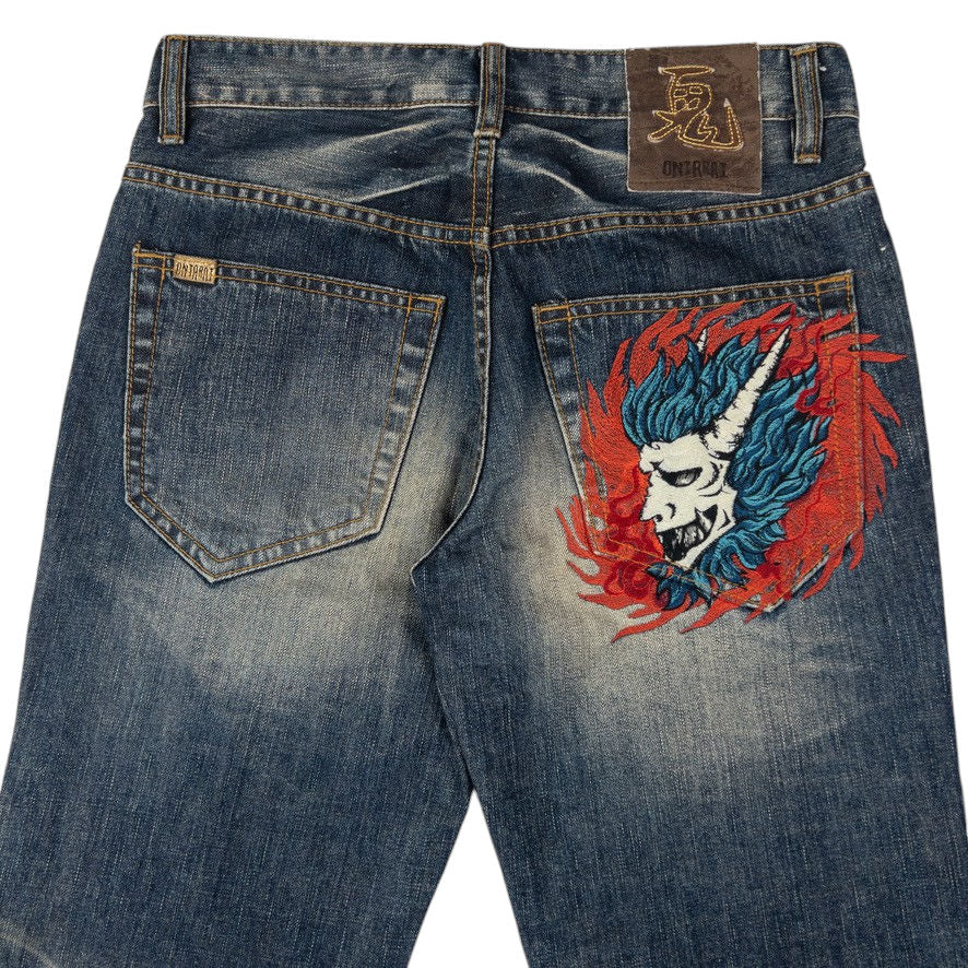 Vintage Oniarai Embroidered Flame Devil Japanese Denim Jeans Size W29
