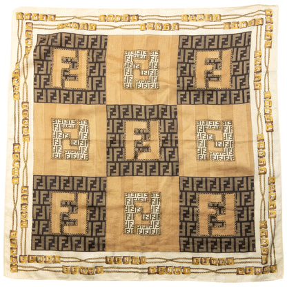 Vintage 2000s Fendi Monogram Chain Print Silk Scarf | O/S, Brown, Beige