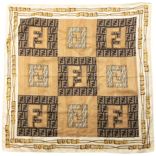 Vintage 2000s Fendi Monogram Chain Print Silk Scarf | O/S, Brown, Beige