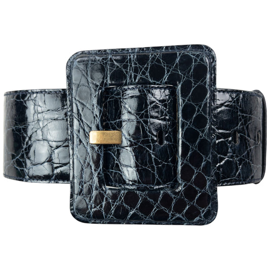 Vintage 90s YSL Yves Saint Laurent Crocodile Embossed Leather Belt Size M | O/S, Black