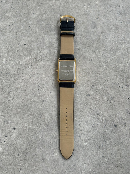Sekonda 2000s Gold Tone Rectangular Quartz Leather Watch