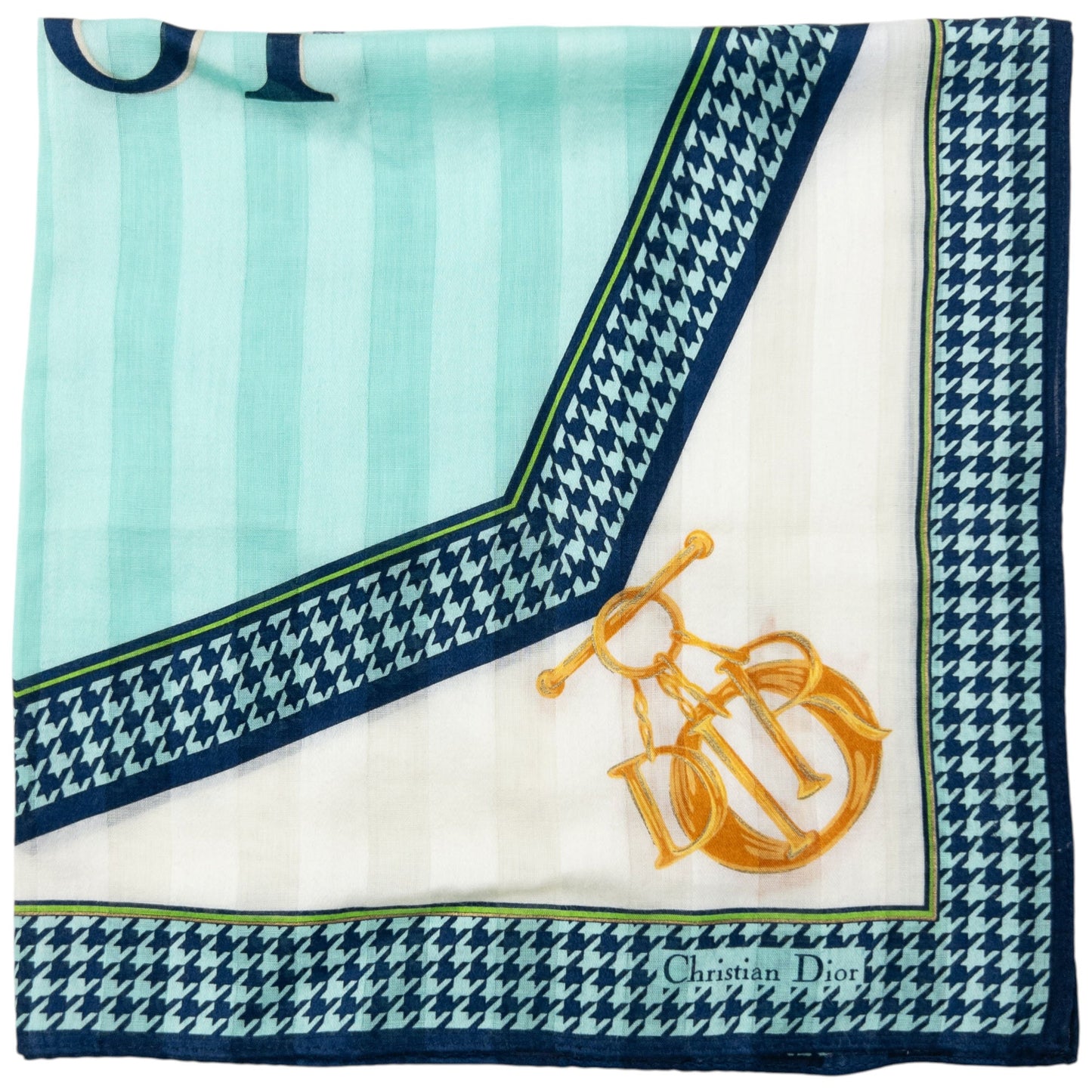 Vintage 90s Dior Houndstooth Silk Scarf | O/S, Blue, White, Yellow