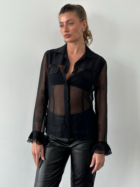 Vintage 1990s Ruffle Sleeve Sheer Shirt - M