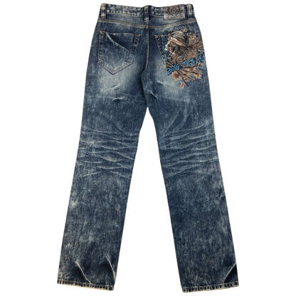 Vintage Big Train Embroidered Pirate Skull Japanese Denim Jeans Size W30